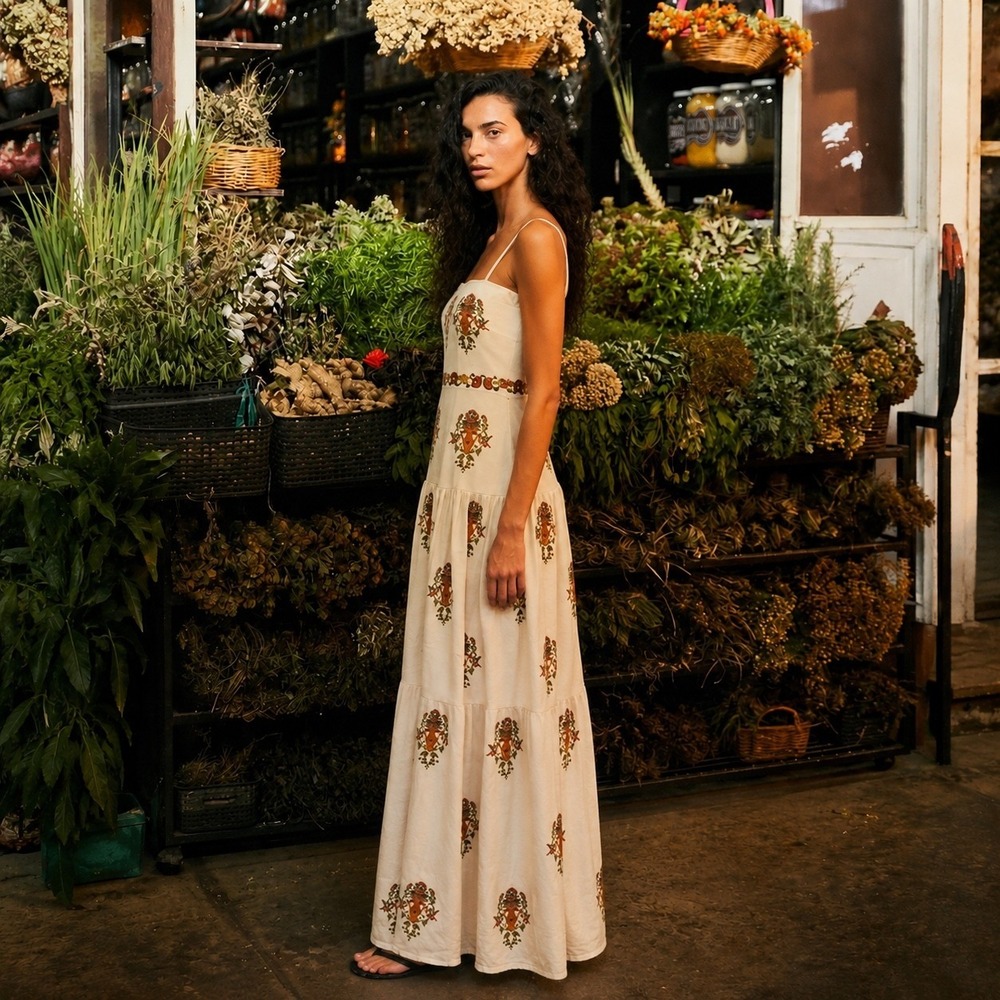 Agua by Agua Bendita Curandera Lima Remedios Linen Maxi Dress M Embroidered - Picture 3 of 11